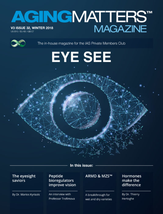 Aging Matters Magazine front showing an eye made of geometric shapes and blue background