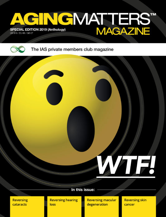 Aging Matters Magazine front showing a large yellow shocked emoji with a black background