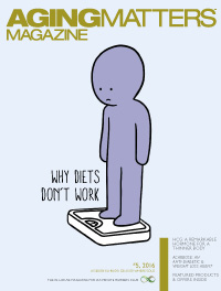 Aging Matters Magazine cover of a cartoon person on to a weighing scale