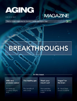 Aging Matters Magazine front showing a large DNA strand in blue with a dark blue background