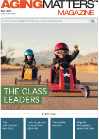 Aging Matters Magazine with two children riding go carts on the cover