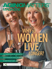 Aging Matters Magazine cover with two women smiling and holding champagne glasses