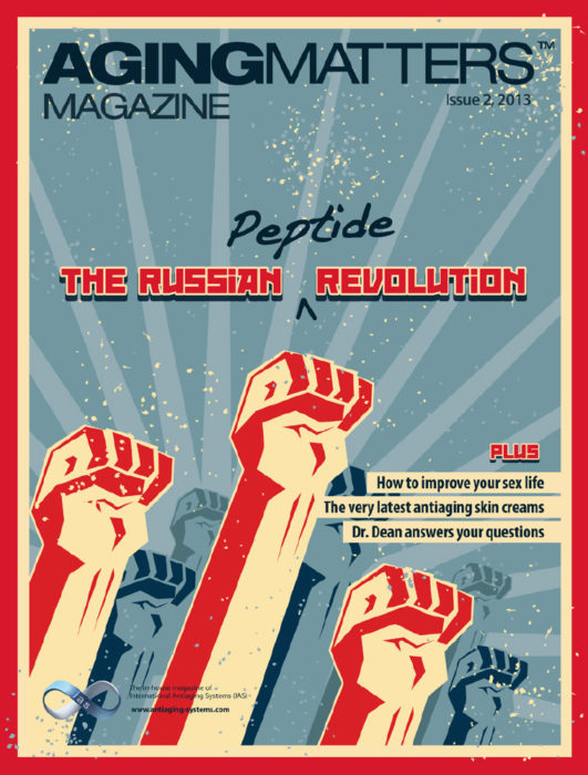 The Russian peptide revolution Aging Maters Magazine cover in cartoon style