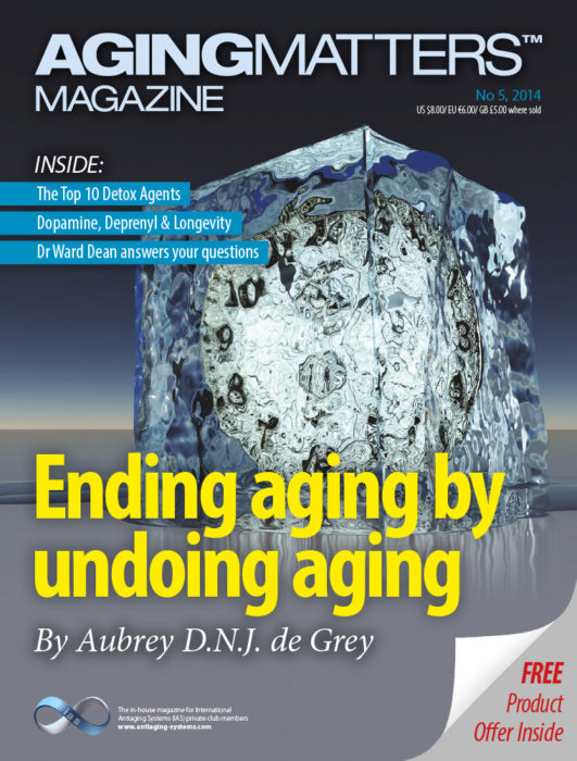 Aging Matters Magazine cover of a large ice cube on a dark background
