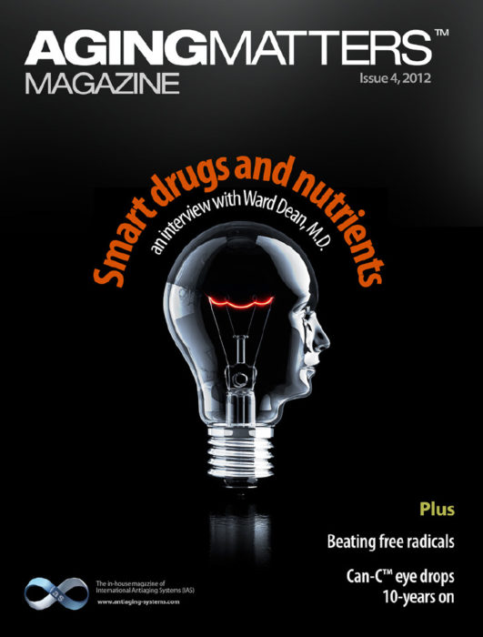 Aging Matters Magazine cover of a human head shaped lightbulb